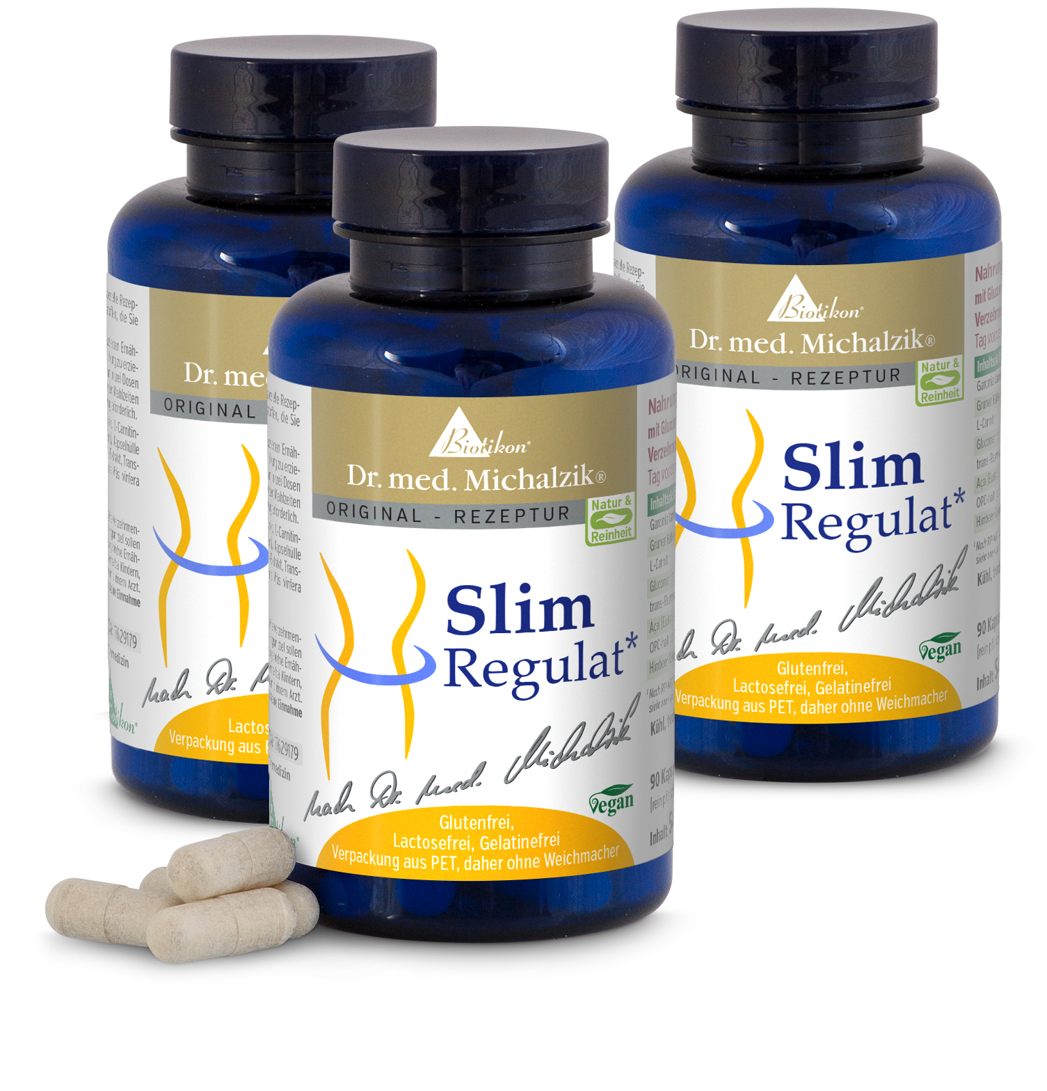 Slim Regulat – Kapseln 90 Stück Drei blaue Flaschen mit Slim Regulat Kapseln, je 90 Stück, Verpackung aus PET, glutenfrei, vegane Kapseln, helle Kapseln im Vordergrund.