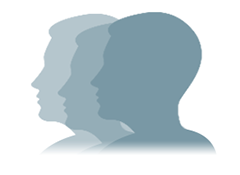 Produktbewertungen Icon Drei stilisierte Kopf-Silhouetten in Blau, seitliche Ansicht, auf weißem Hintergrund.