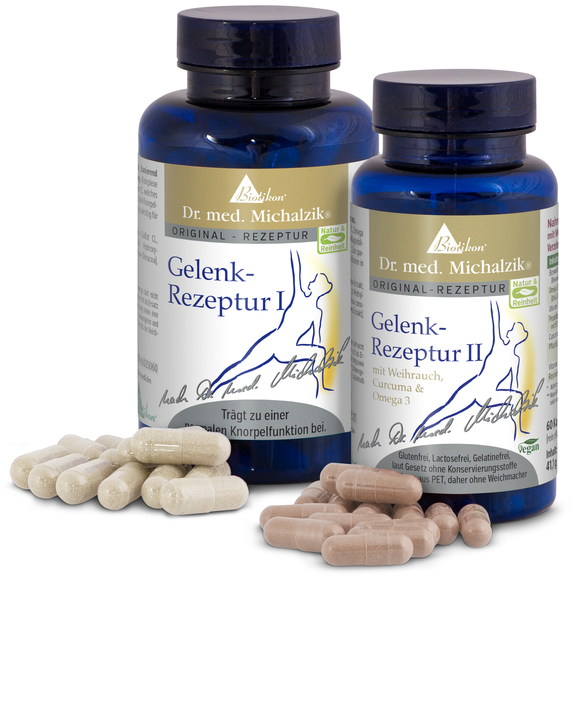 Zwei Flaschen Gelenk-Rezeptur I und II mit Kapseln in verschiedenen Farben. Die Flaschen sind blau mit goldenen Etiketten. Sichtbare Kapseln sind beige und braun.