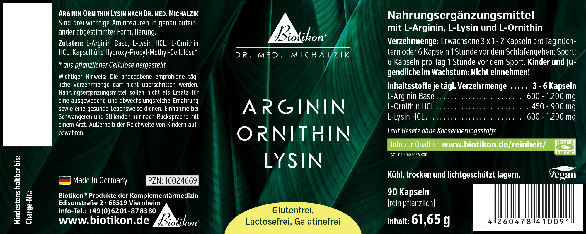 Nahrungsergänzungsmittel mit L-Arginin, L-Lysin und L-Ornithin in einer Packung mit 90 Kapseln, veganer Formel.