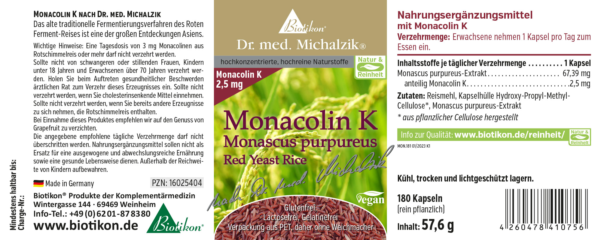 Nahrungsergänzungsmittel Monacolin K in einer PET-Verpackung, 180 Kapseln, braune Kapseln, Vorderansicht