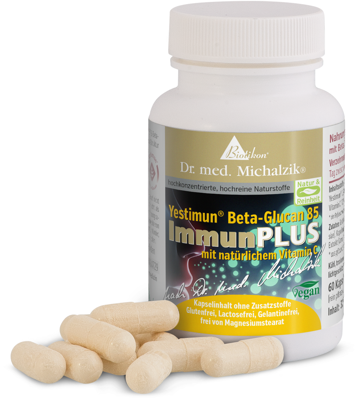Yestimun Beta-Glucan 85 – Kapseln Yestimun Beta-Glucan 85 Kapseln in einer weißen Flasche, 60 Stück, leicht beige, auf einem hellen Hintergrund.