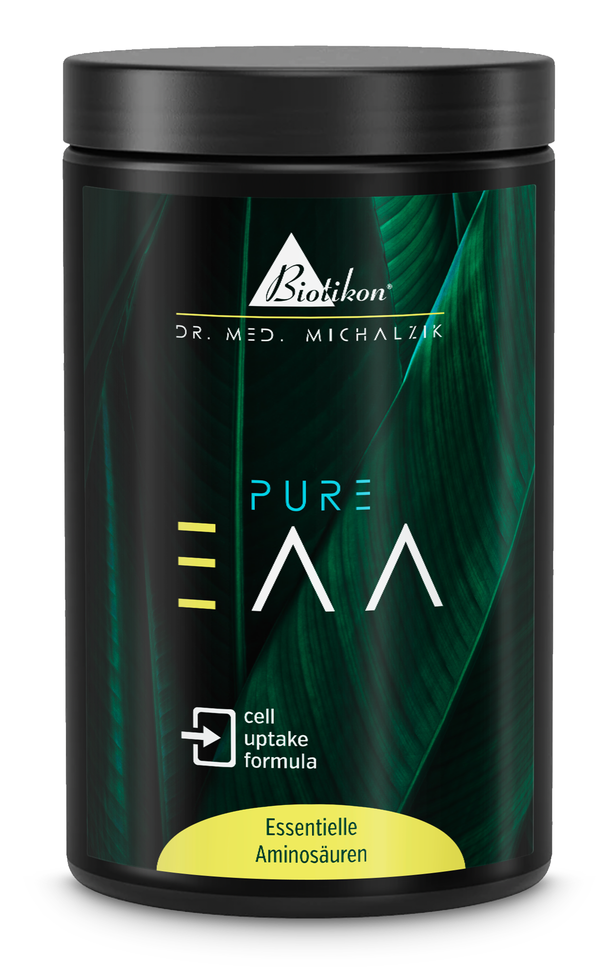 Schwarzer Behälter mit essenziellen Aminosäuren in Pulverform, grüne Blätter im Hintergrund, gut sichtbar.