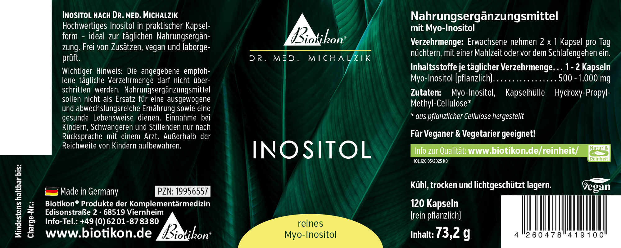 Inositol Nahrungsergänzungsmittel in Kapseln, 120 Stück, grüne Verpackung, pflanzlich, vegan.