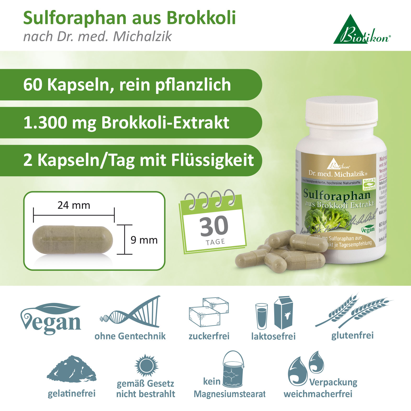 60 pflanzliche Kapseln mit 1.300 mg Brokkoli-Extrakt, hellgrün, Flasche mit Kapseln, vegan.