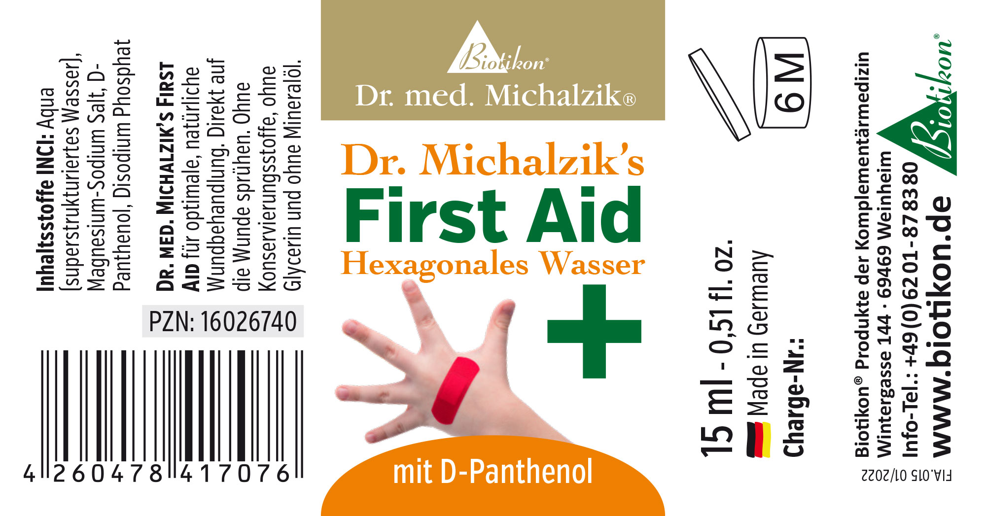 15 ml Flasche mit hexagonalem Wasser, D-Panthenol, Erste Hilfe, orange Verpackung, hand mit Pflaster, Blick von vorne.