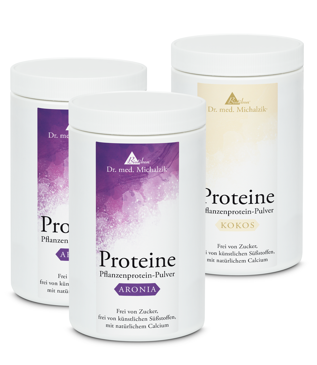 Drei Dosen Pflanzenprotein-Pulver in Weiß, Geschmacksrichtungen Aronia und Kokos, sichtbare Etiketten.