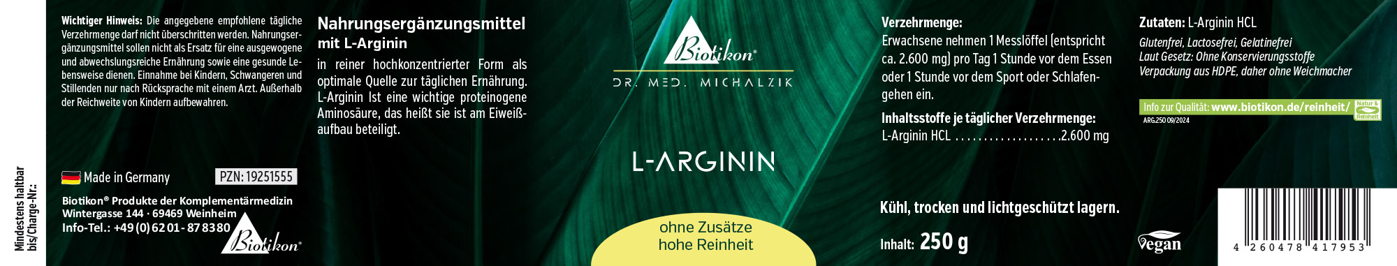 L-Arginin Nahrungsergänzungsmittel, 250 g Pulver in einer grünen Verpackung, Sicht von der Seite.
