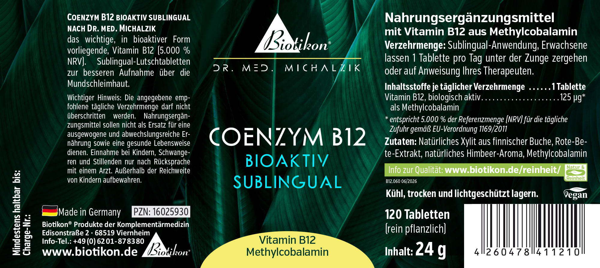 Coenzym B12 125 µg – Sublingual-Tabletten Sublingual-Tabletten mit Coenzym B12, 120 Stück, in einer weißen Verpackung, Vorderansicht.