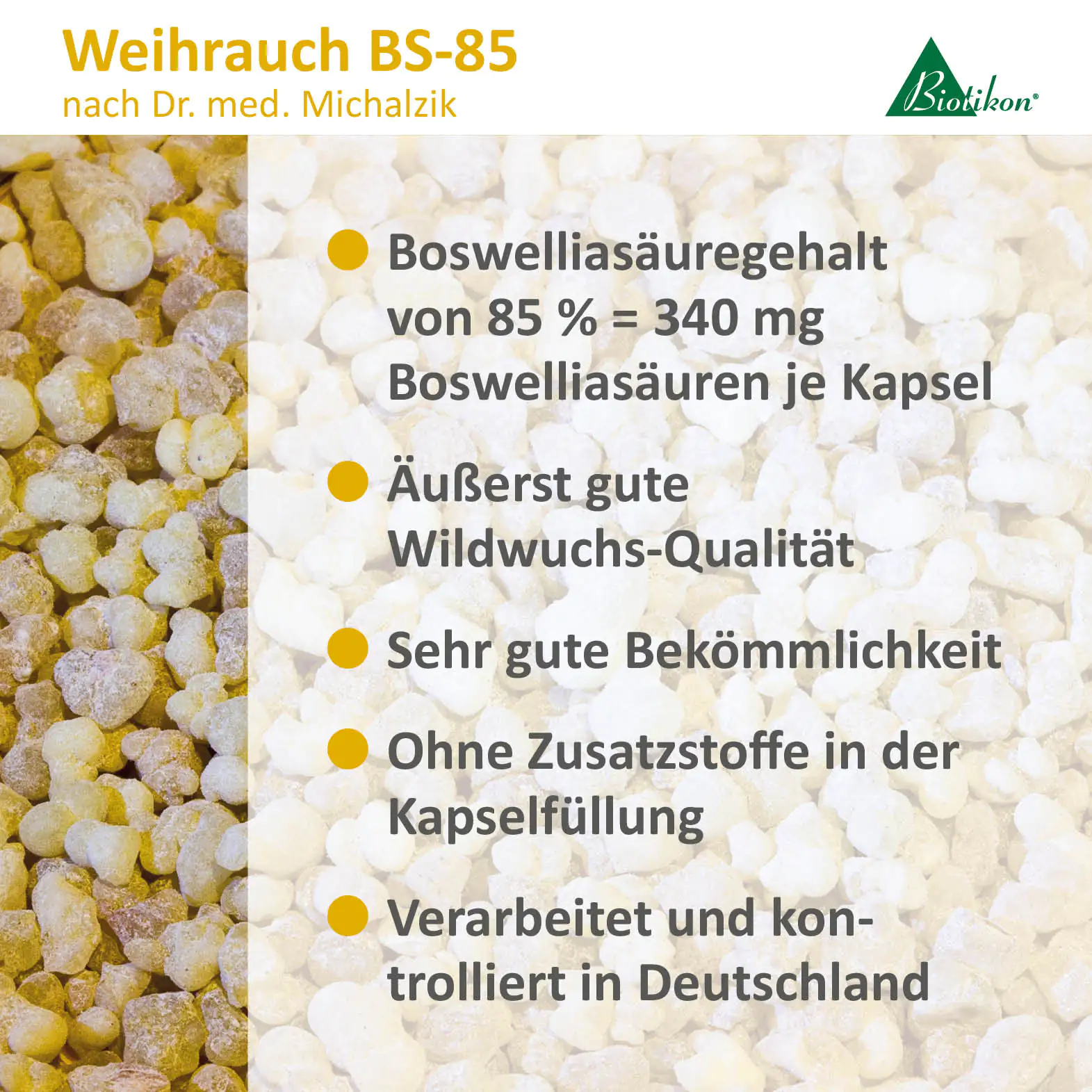 Weihrauch BS-85 Kapseln mit 340 mg Boswelliasäuren, transparente Verpackung, hellbrauner Inhalt.