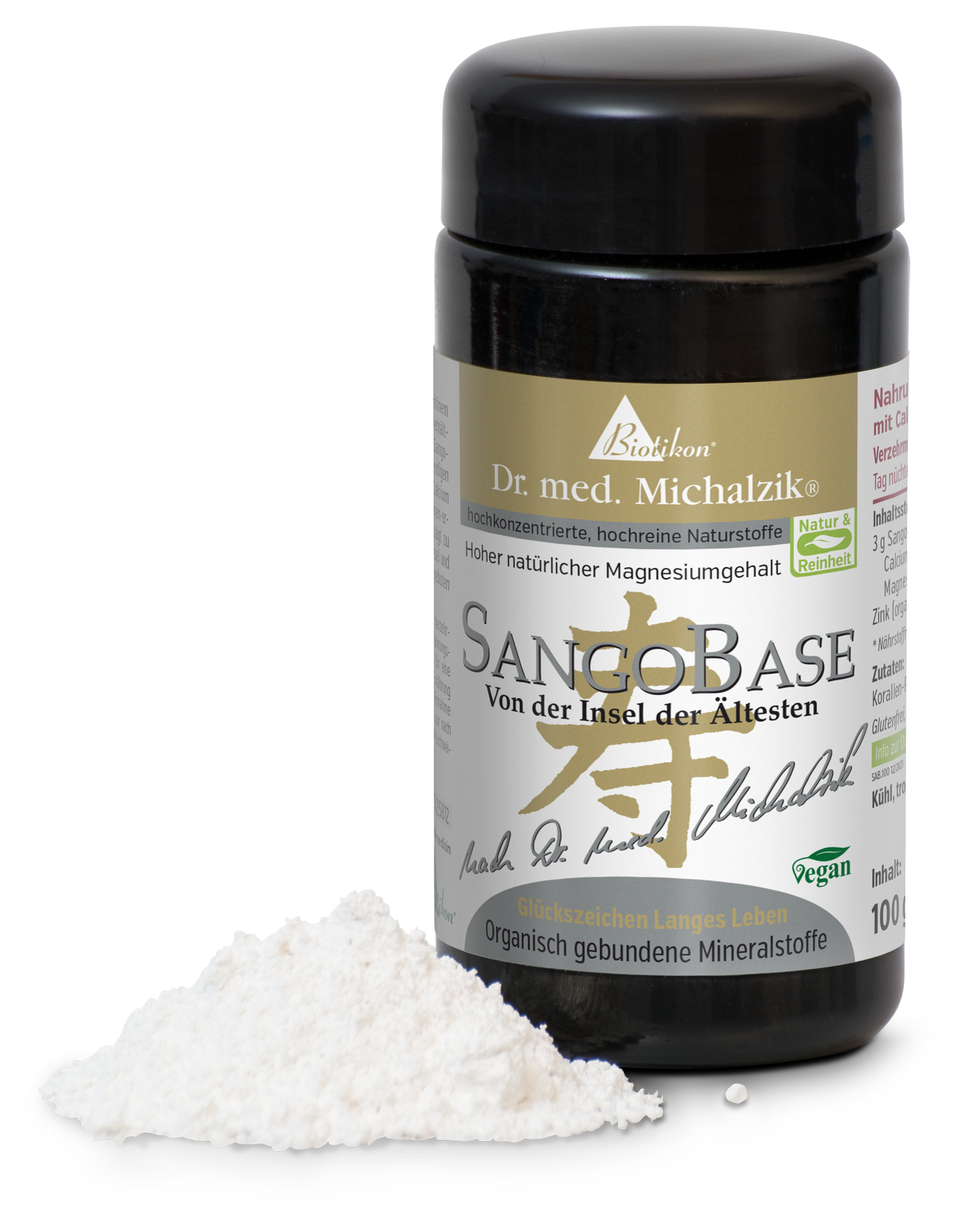 SangoBase Pulver in einer schwarzen Dose, 100 g, mit mineralischen Inhaltsstoffen, neben einer weißen Pulvermenge.