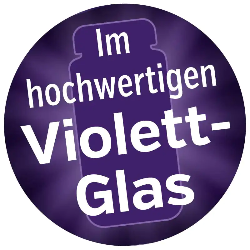 Rundes Etikett mit dem Text "Im hochwertigen Violett-Glas" auf lila Hintergrund.