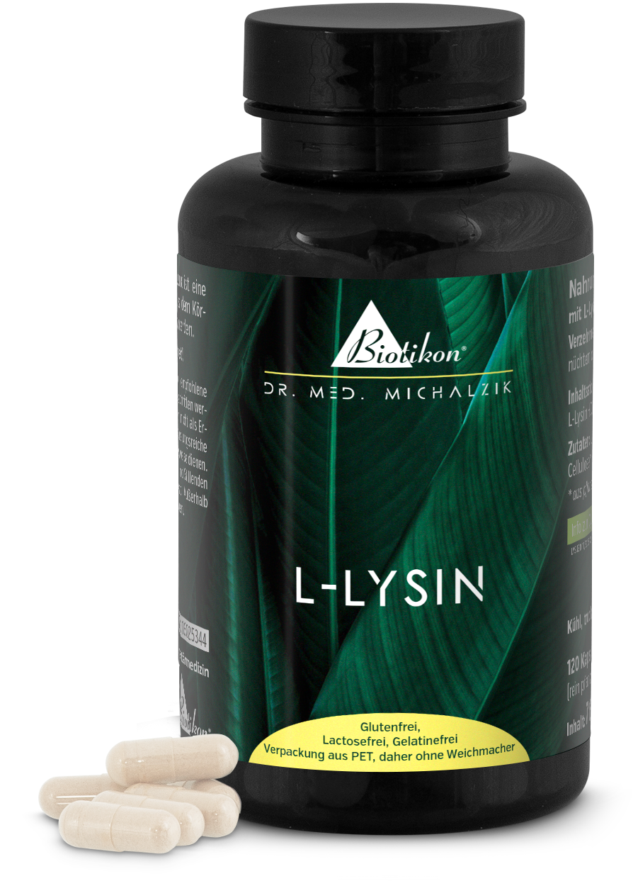 L-Lysin 120 Kapseln – hochkonzentriert L-Lysin Kapseln in blauer PET-Flasche, 120 Stück, weiß, vegan, glutenfrei, lactosfrei, mit einigen Kapseln daneben.