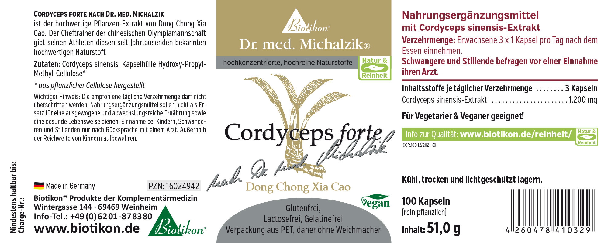 Nahrungsergänzungsmittel Cordyceps forte in Kapseln, 100 Stück, Verpackung in hellen Farben, intuitiv ablesbare Dosierung.