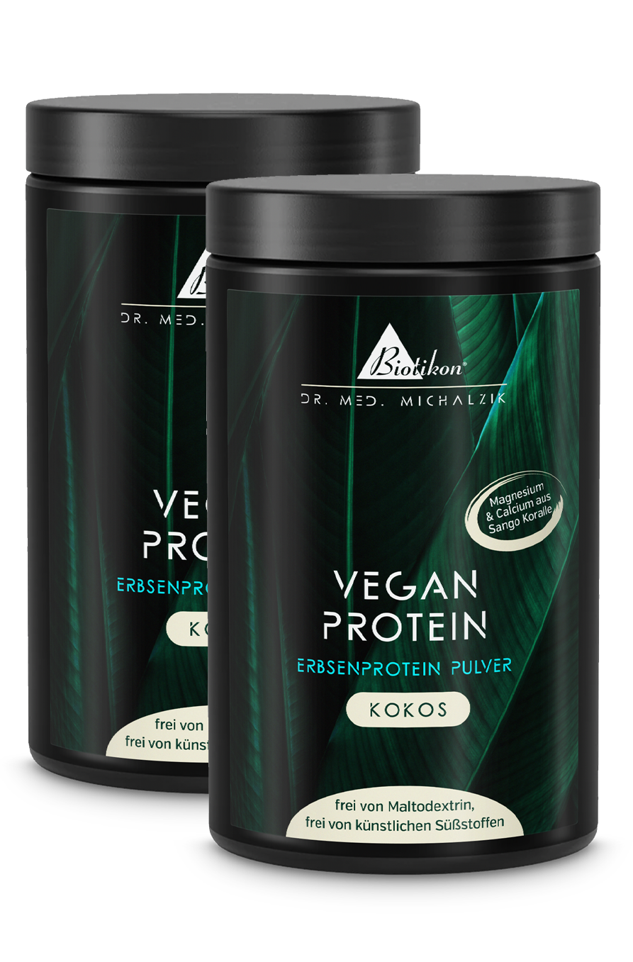 Pflanzenprotein-Pulver Kokos â 2 x 400 g Zwei Dosen Pflanzenprotein-Pulver mit Kokosgeschmack, jeweils 400 g, in weiĂer Verpackung.