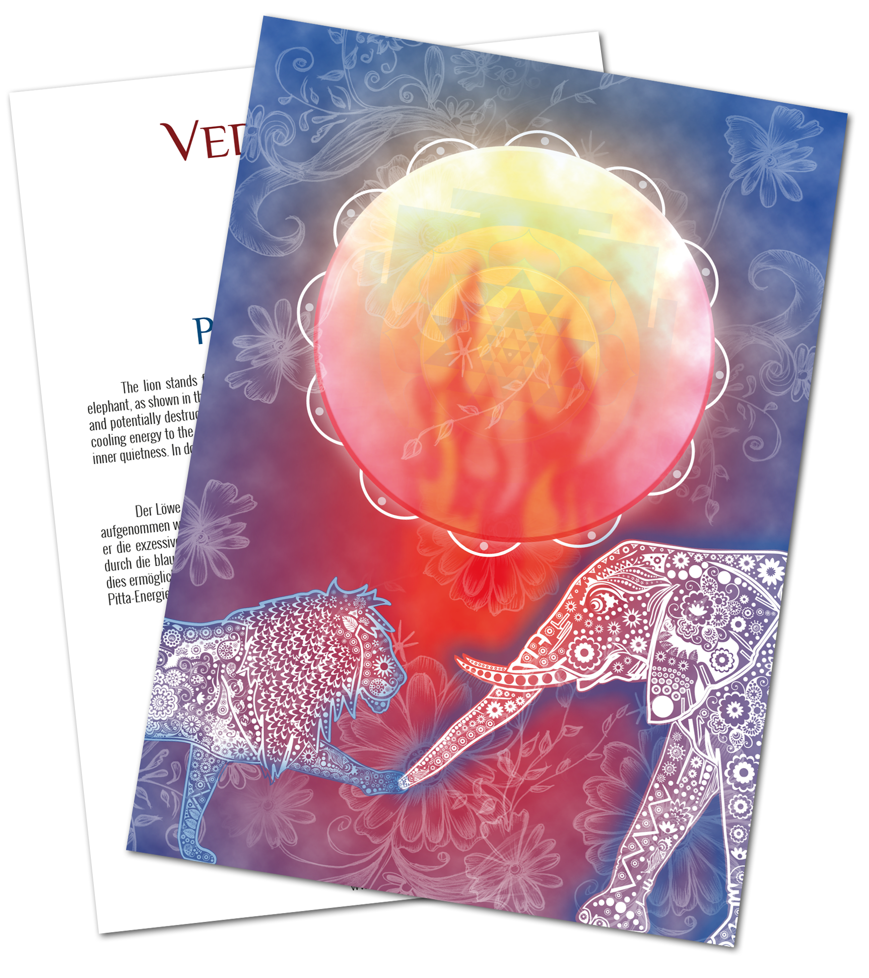 Farbintensives Poster mit Löwen und Elefanten, zarte Mandala-Details, warmes Farbschema.
