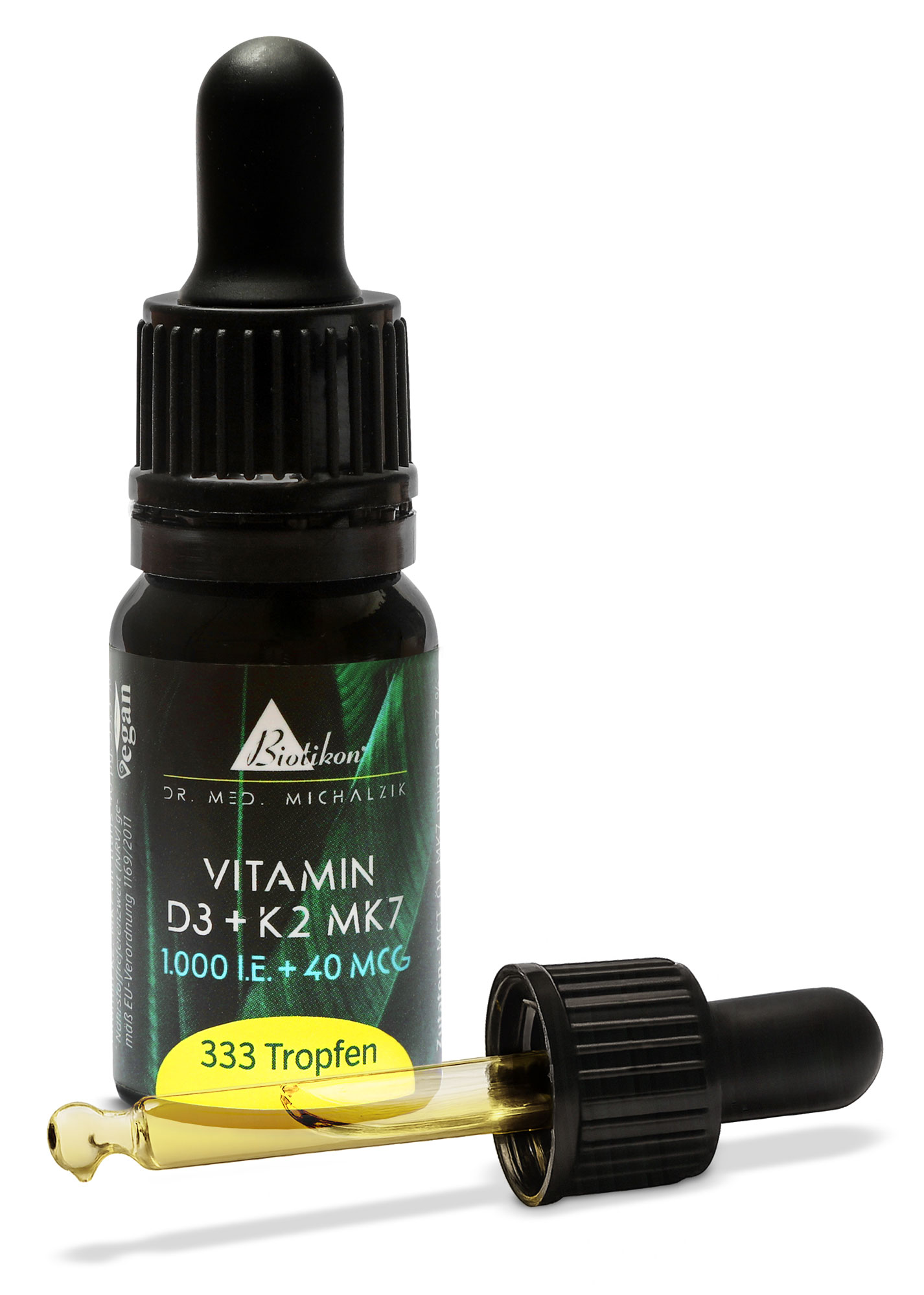 Pipettenflasche mit 333 Tropfen Vitamin D3 und K2 MK7, schwarze Verpackung, gelbe Flüssigkeit.