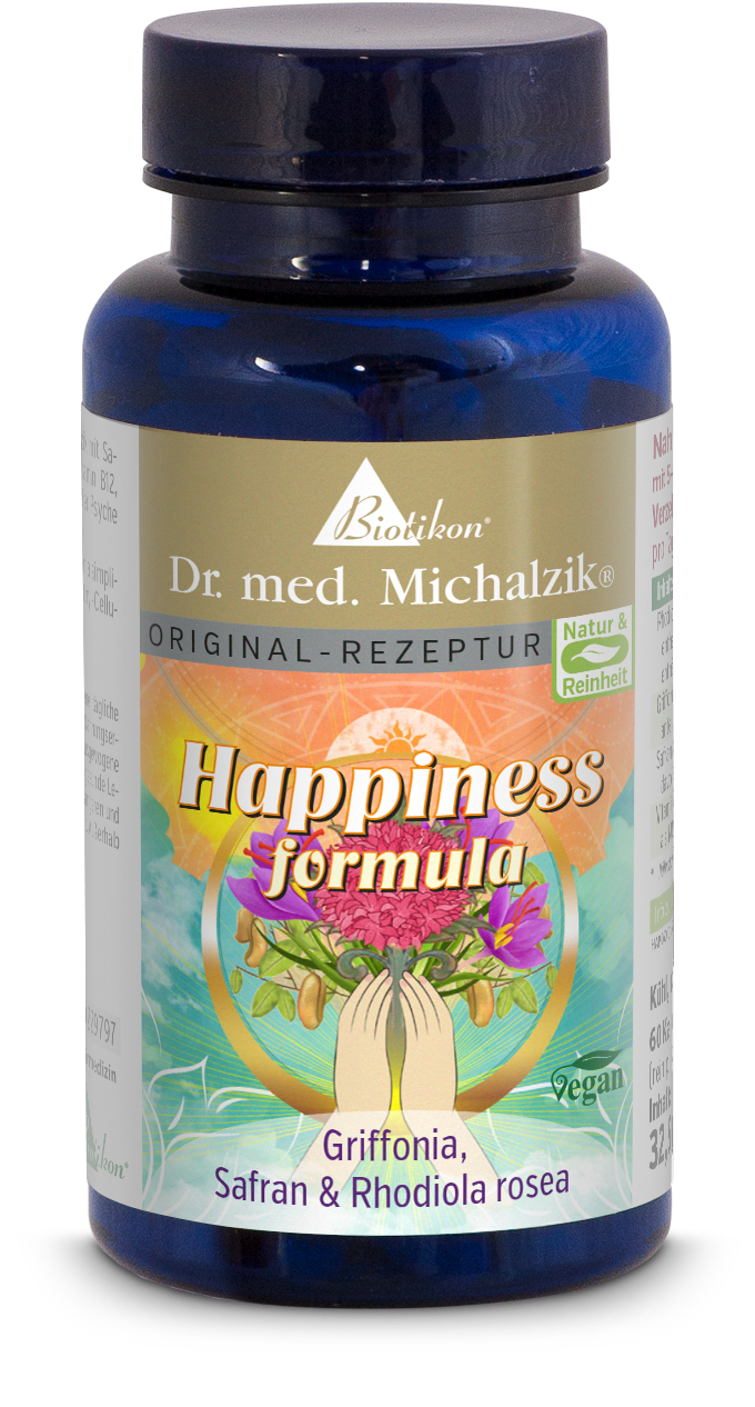 Happiness Formula Kapseln von Biotikon, 60 Stück, blaue Flasche mit buntem Etikett, vegan.