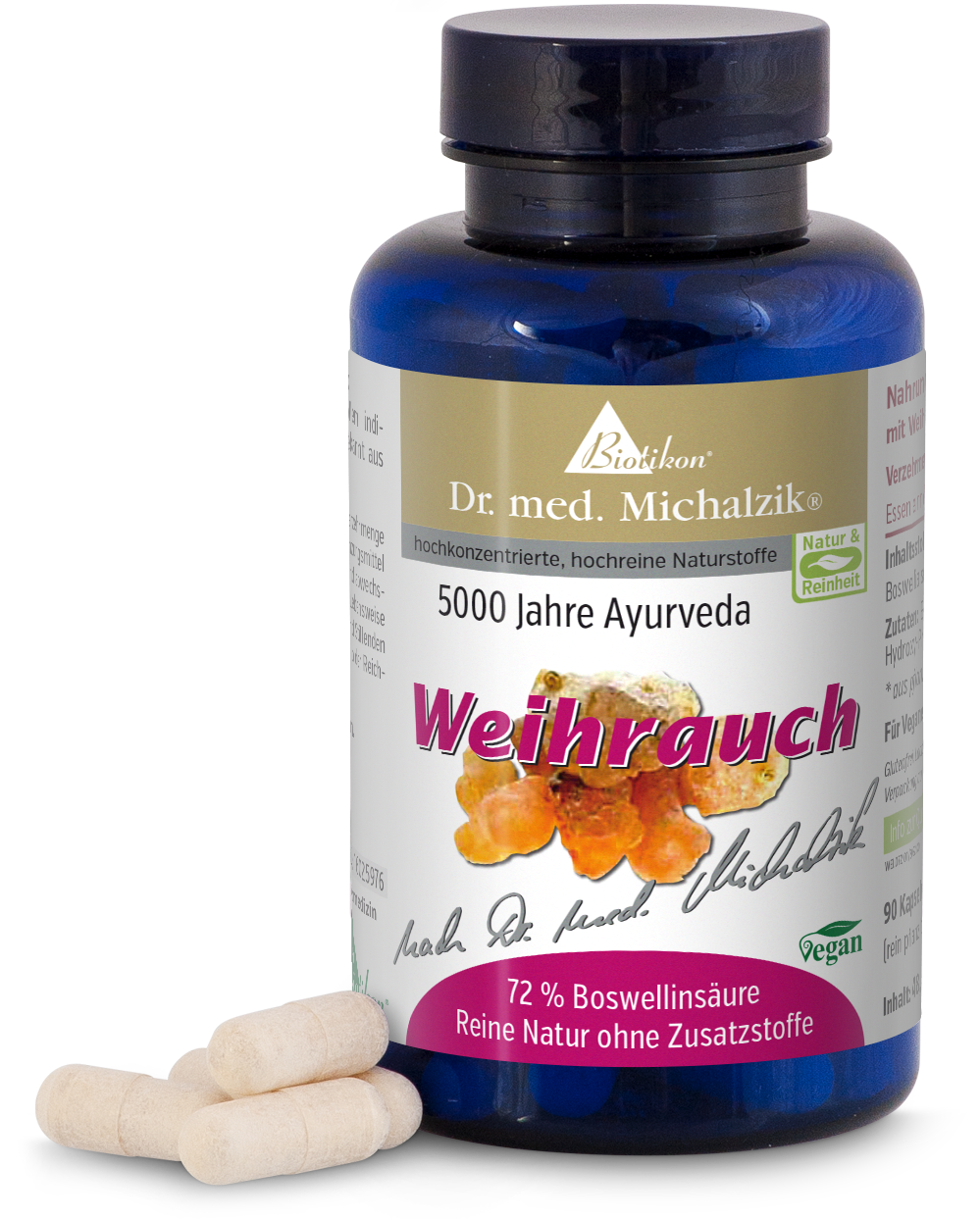 Weihrauch Kapseln in blauer Flasche, 90 Stück, vegan, mit weißer Kapsel und Boswellinsäure.