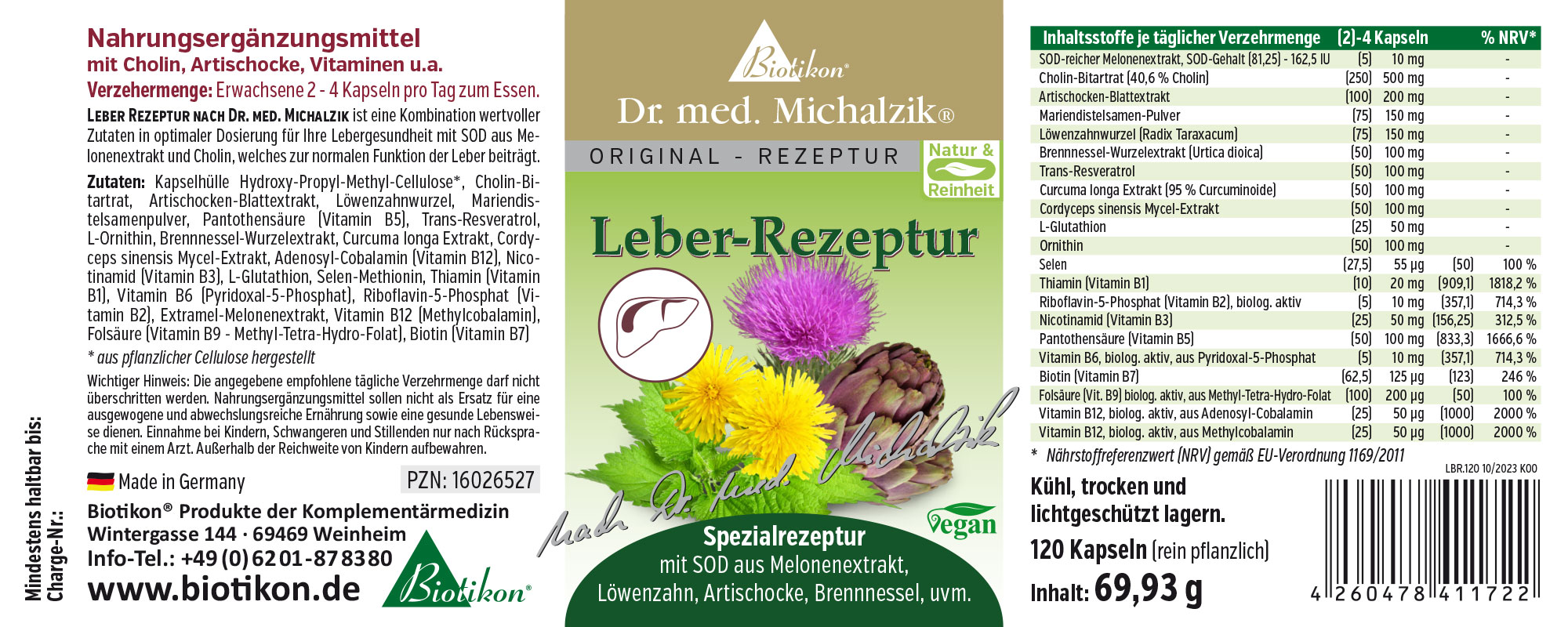 Nahrungsergänzungsmittel in einer grünen Verpackung, 120 vegane Kapseln, zur Unterstützung der Lebergesundheit.