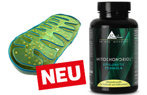 Mitochondriol Epigenetic Formula, schwarze Flasche mit 90 Kapseln, Schriftzug 'NEU', grüne mitokondriale Darstellung im Hintergrund.