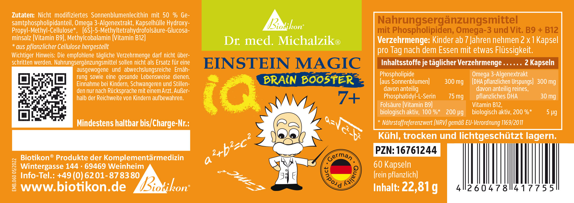 Nahrungsergänzungsmittel in Kapseln, 60 Stück, orange Verpackung, mit Motiven eines Wissenschaftlers.