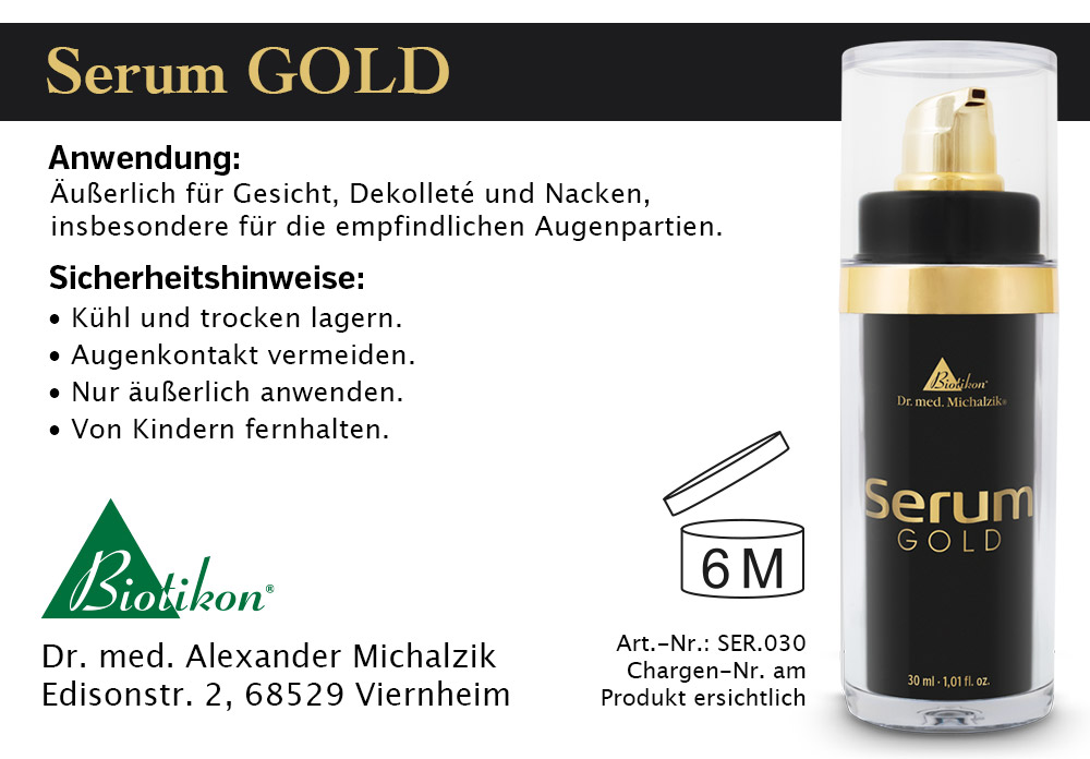 Schwarzer Pumpspender mit goldenem Deckel, 30 ml Serum GOLD, für Gesicht und Dekolleté.