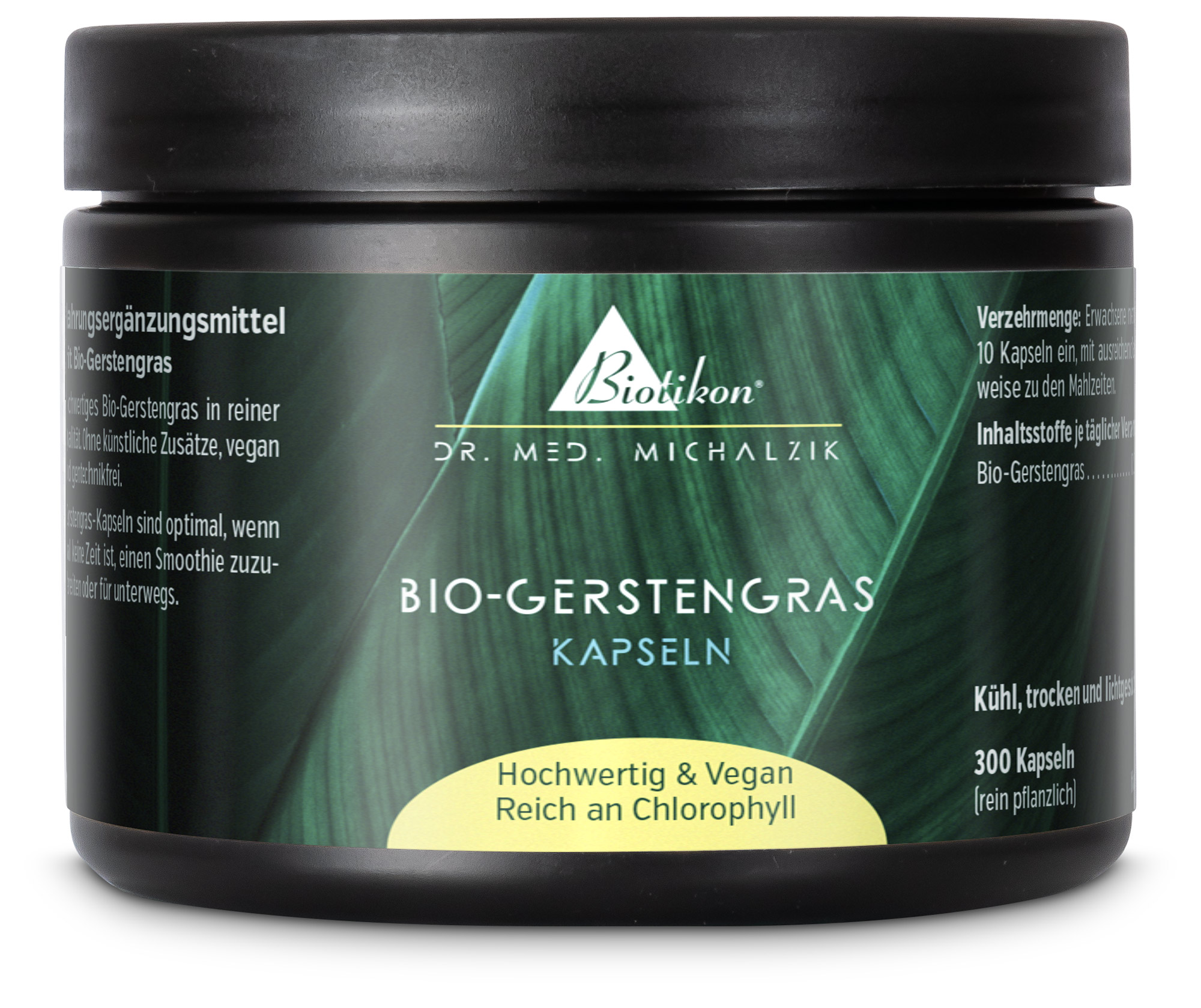 Bio-Gerstengras Kapseln in schwarzem Behälter, 300 Kapseln, vegan und hochwertig.