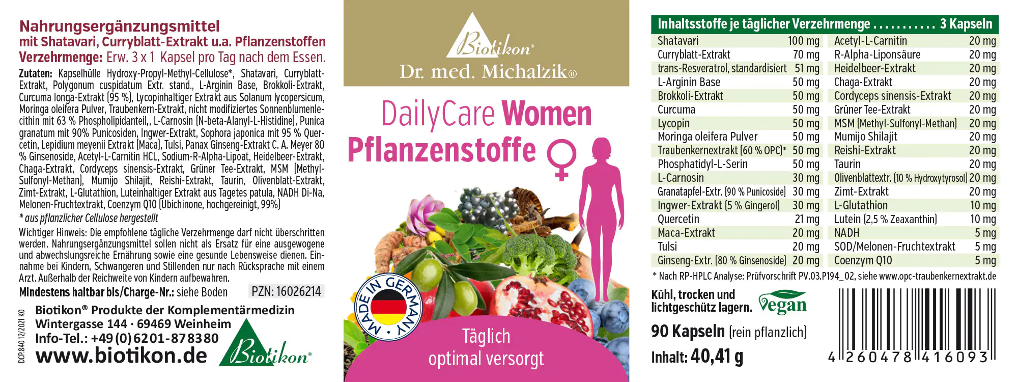 90 Kapseln Nahrungsergänzungsmittel für Frauen, bunte Verpackung, enthält Shatavari und Curryblatt-Extrakt.