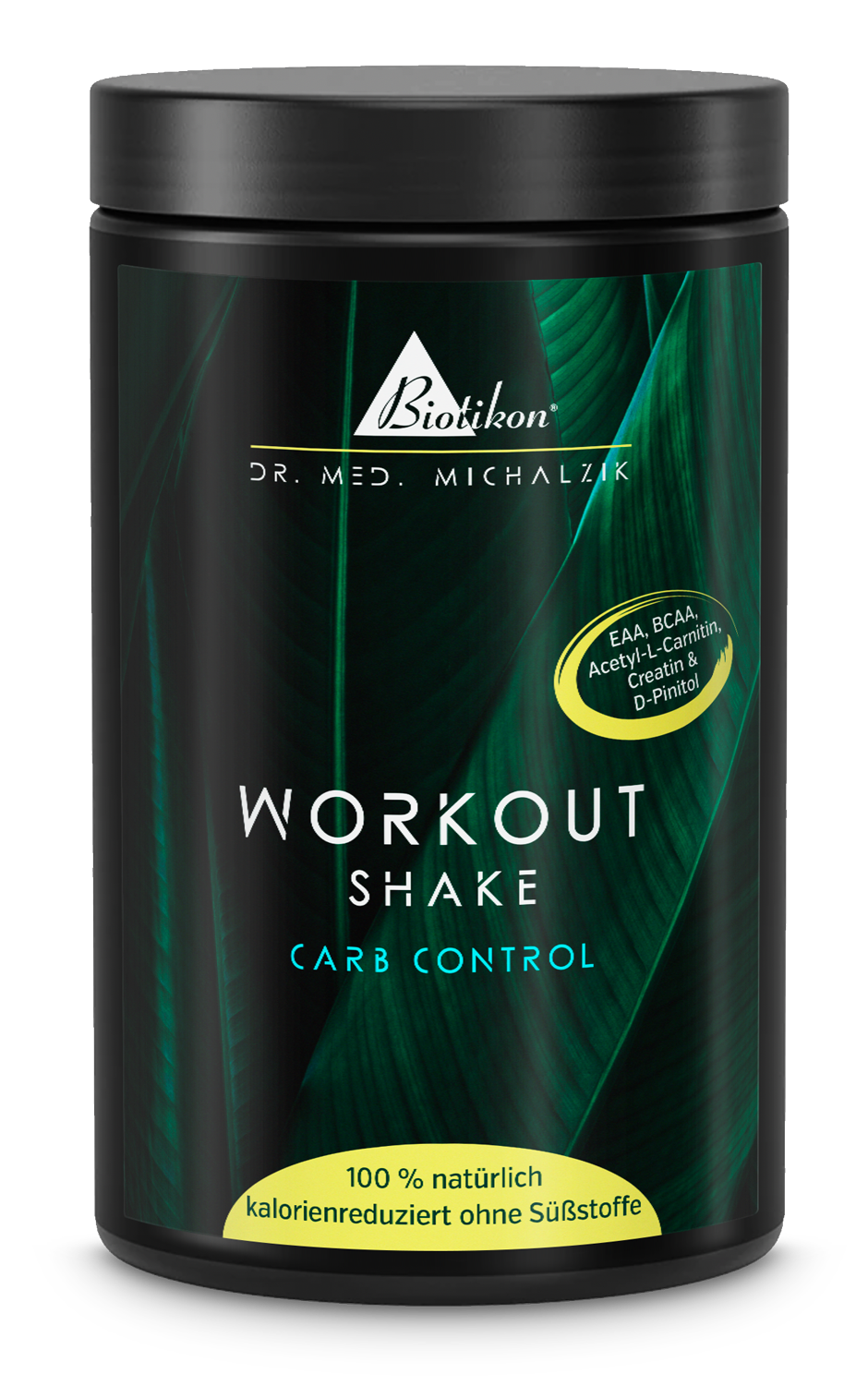 Schwarze Dose mit Workout Shake Carb Control, 100% natürlich, kalorienreduziert, ohne Süßstoffe, Sicht von vorne