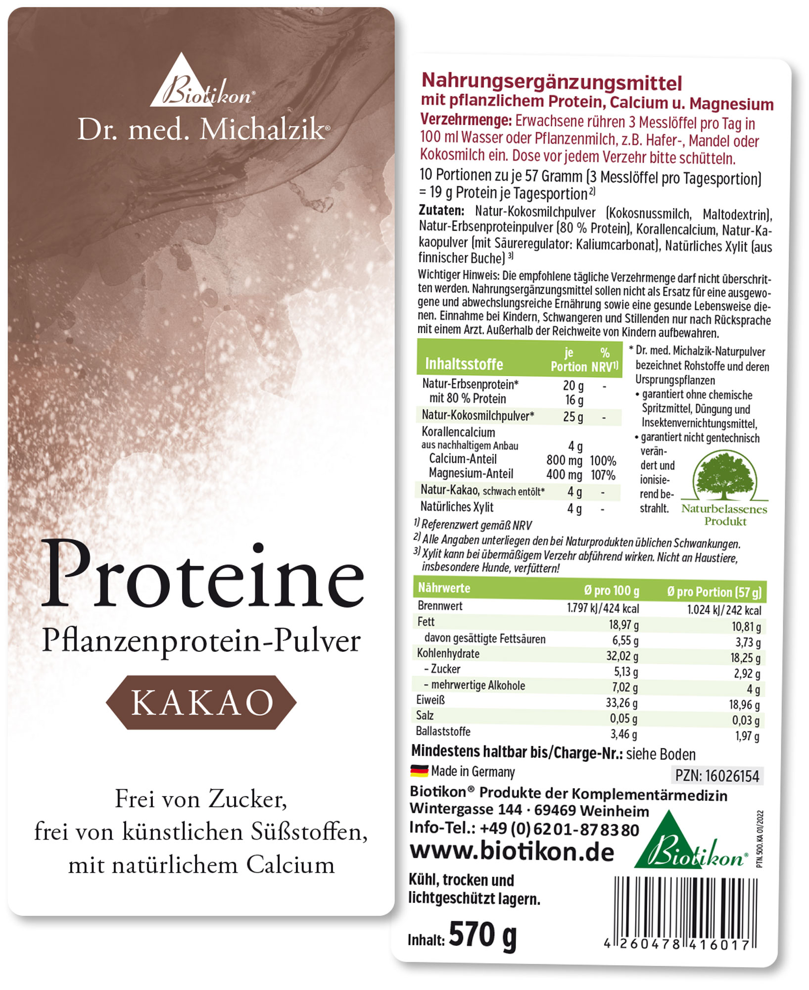 Pflanzenprotein-Pulver in einer 570 g Verpackung, braune Farbe, Produktdetails sichtbar, Seitansicht.