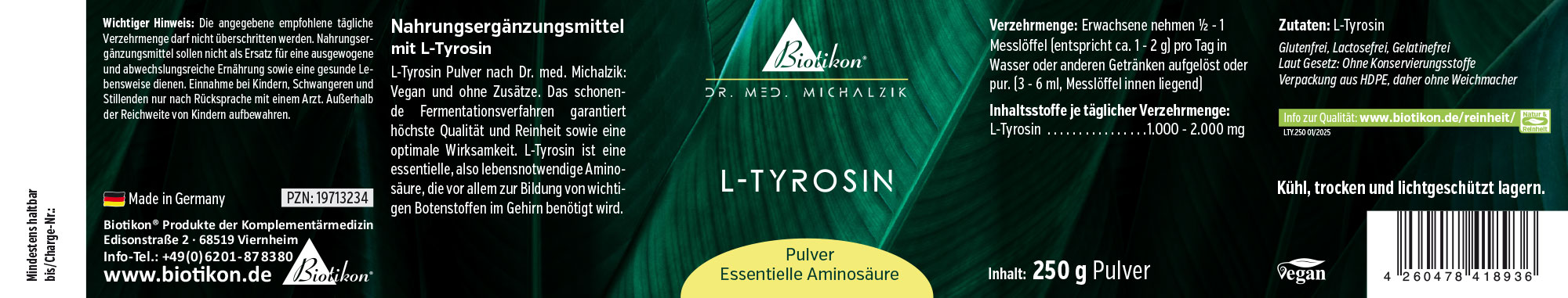 L-Tyrosin Nahrungsergänzungsmittel, 250 g Pulver in einer stabilen Verpackung, grüne Farbgestaltung, Vorderansicht.