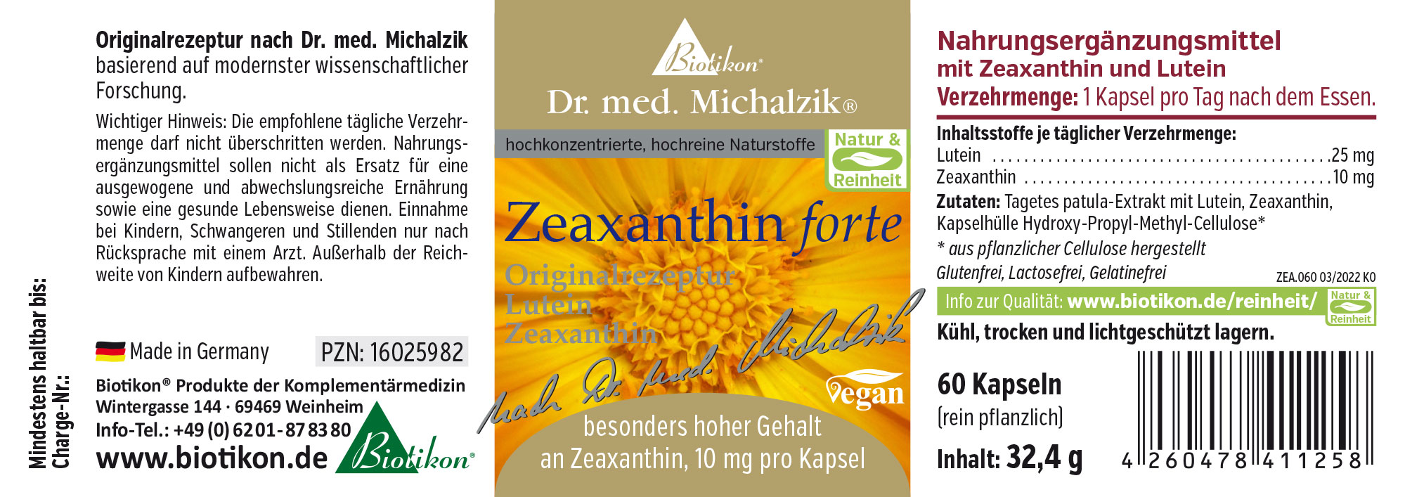 Nahrungsergänzungsmittel Zeaxanthin forte in einer Verpackung mit 60 Kapseln, vegan, hochkonzentriert.