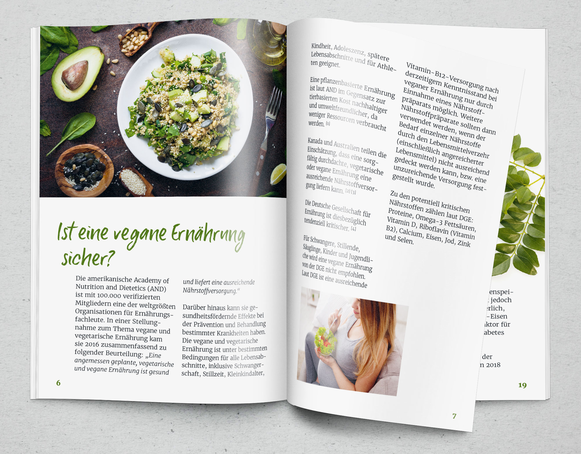 Magazinseite über vegane Ernährung mit einer bunten Salatschüssel und Text. Hintergrund in gedämpften Farben.