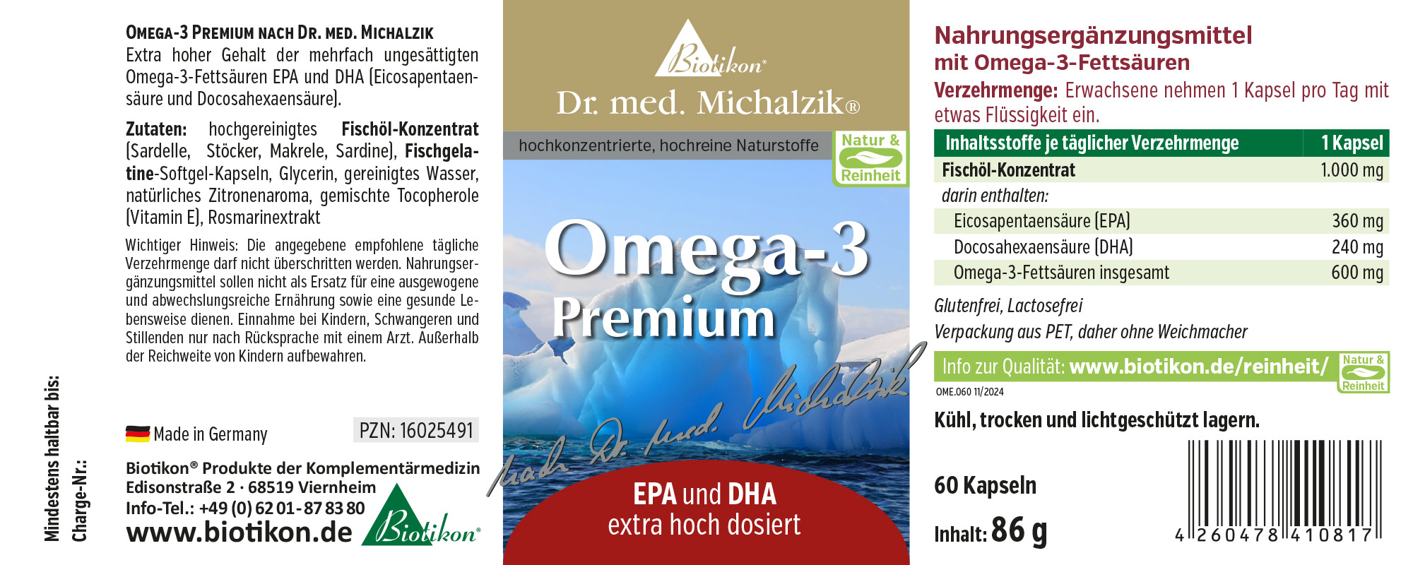Omega-3 Premium Nahrungsergänzungsmittel in PET-Verpackung, 60 Softgel-Kapseln, blau-weiße Gestaltung.