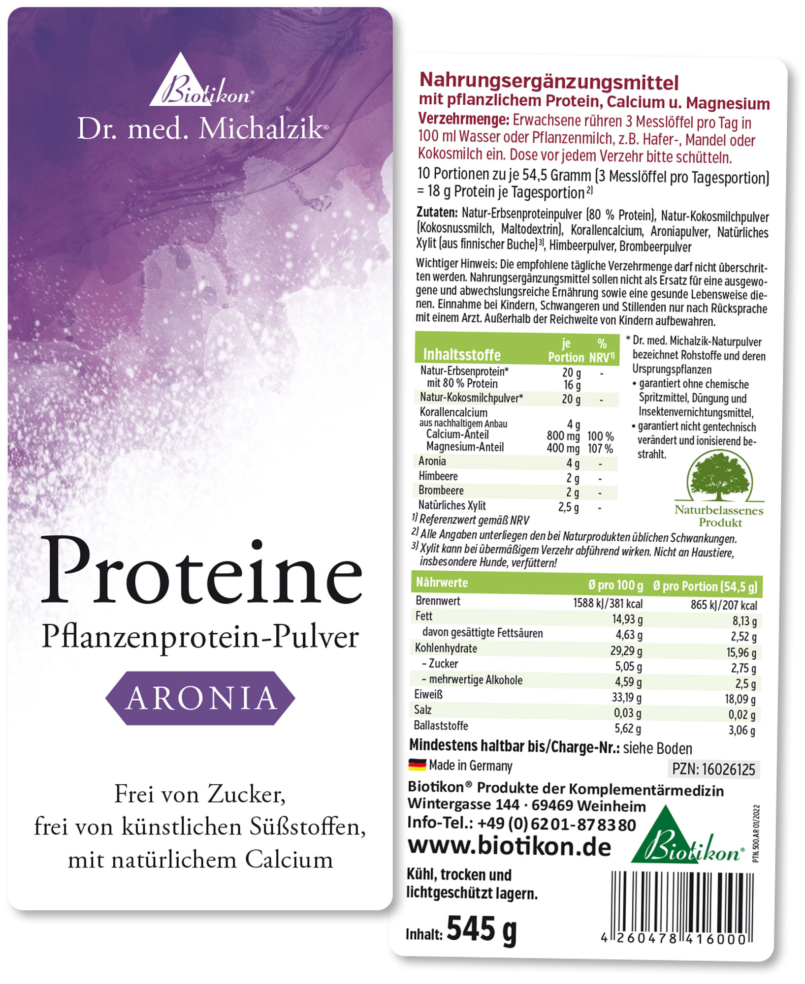 Pflanzenprotein-Pulver in Kombination mit Aronia, Beerenmix, 545 g Verpackung, violett-weißer Design.