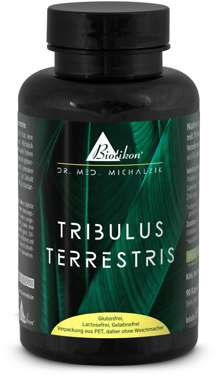 Nahrungsergänzungsmittel Tribulus Terrestris in schwarzer PET-Flasche, 90 Kapseln, glutenfrei, lactosefrei.