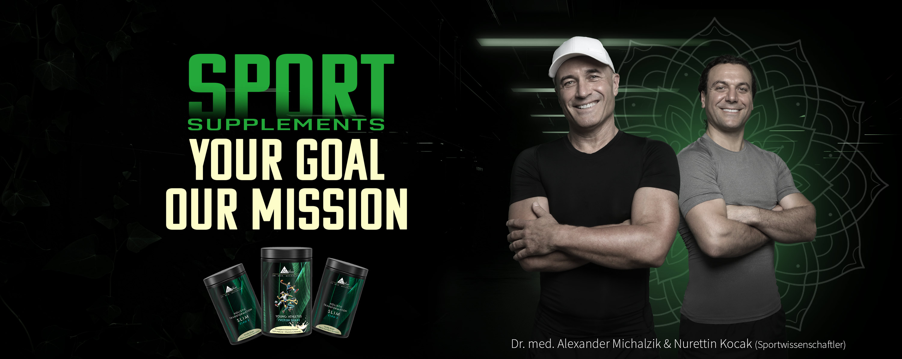 Sport Supplements Protein Shake in schwarzer Dose, 500 g, auf schwarzem Hintergrund.