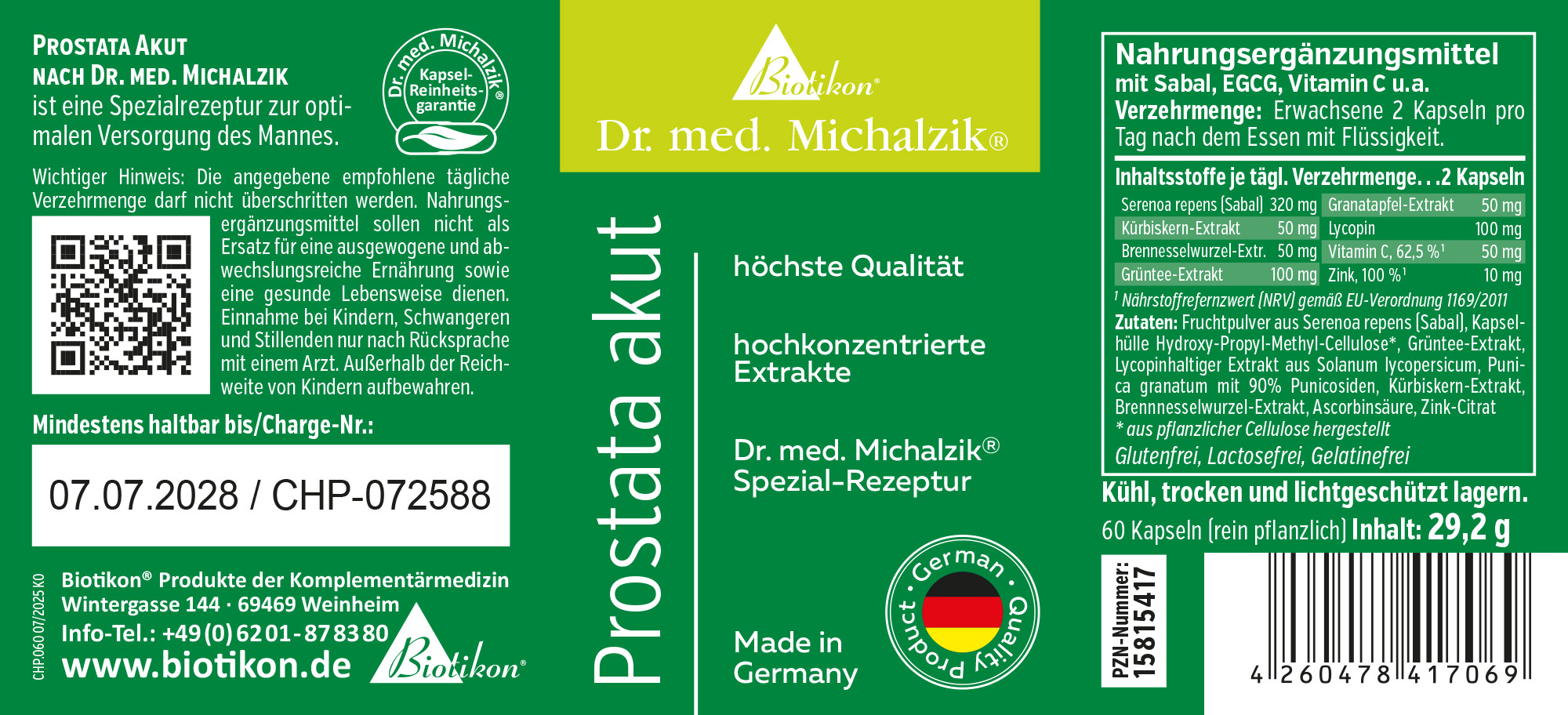 Nahrungsergänzungsmittel in grüner Verpackung, 60 Kapseln, mit verschiedenen Extrakten, Made in Germany.