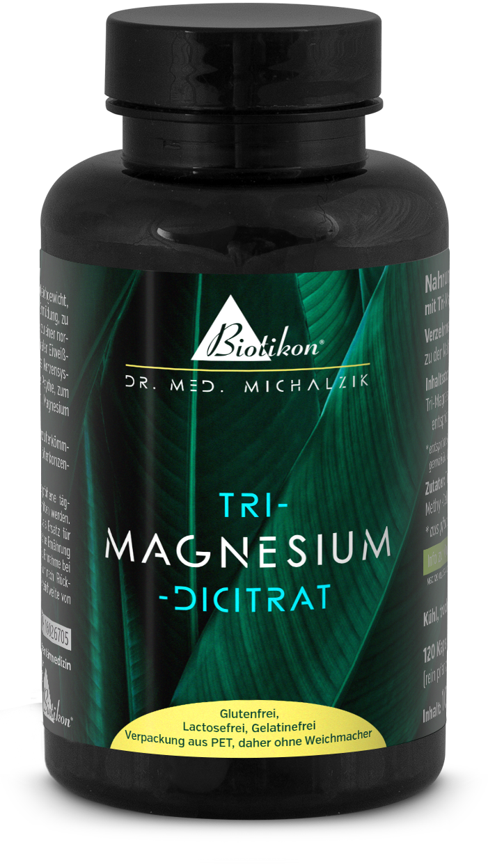 Flasche mit Tri-Magnesium-Dicitrat, 120 Kapseln, schwarzes Design, grüne Blätter als Hintergrund.