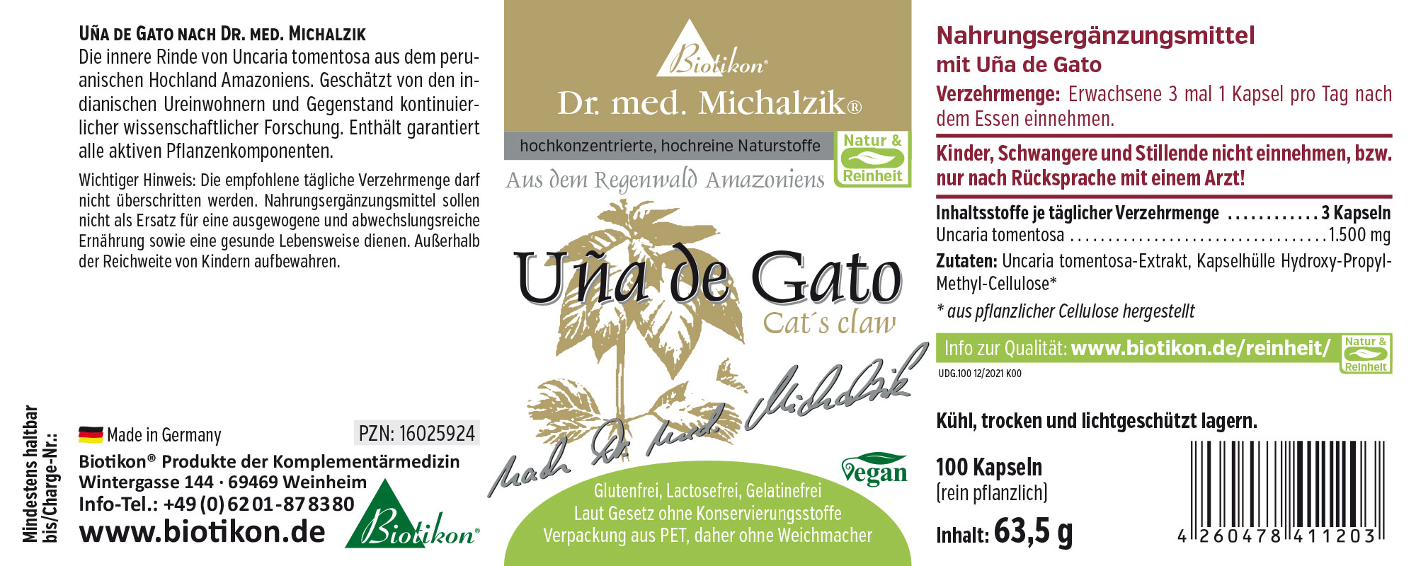 Nahrungsergänzungsmittel Uña de Gato, 100 Kapseln in PET-Verpackung, vegan, grüne Etikettierung.