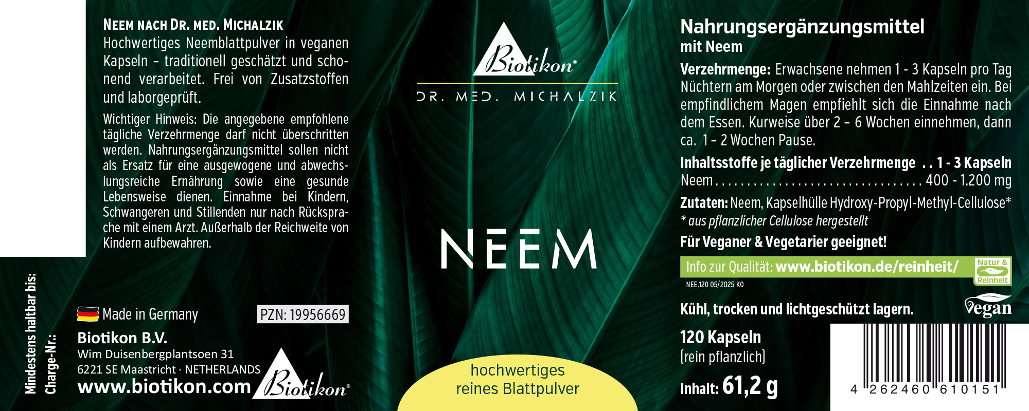 120 vegane Kapseln mit hochwertigem Neem Blattpulver, Verpackung in grünlichen Tönen, Vorderansicht.