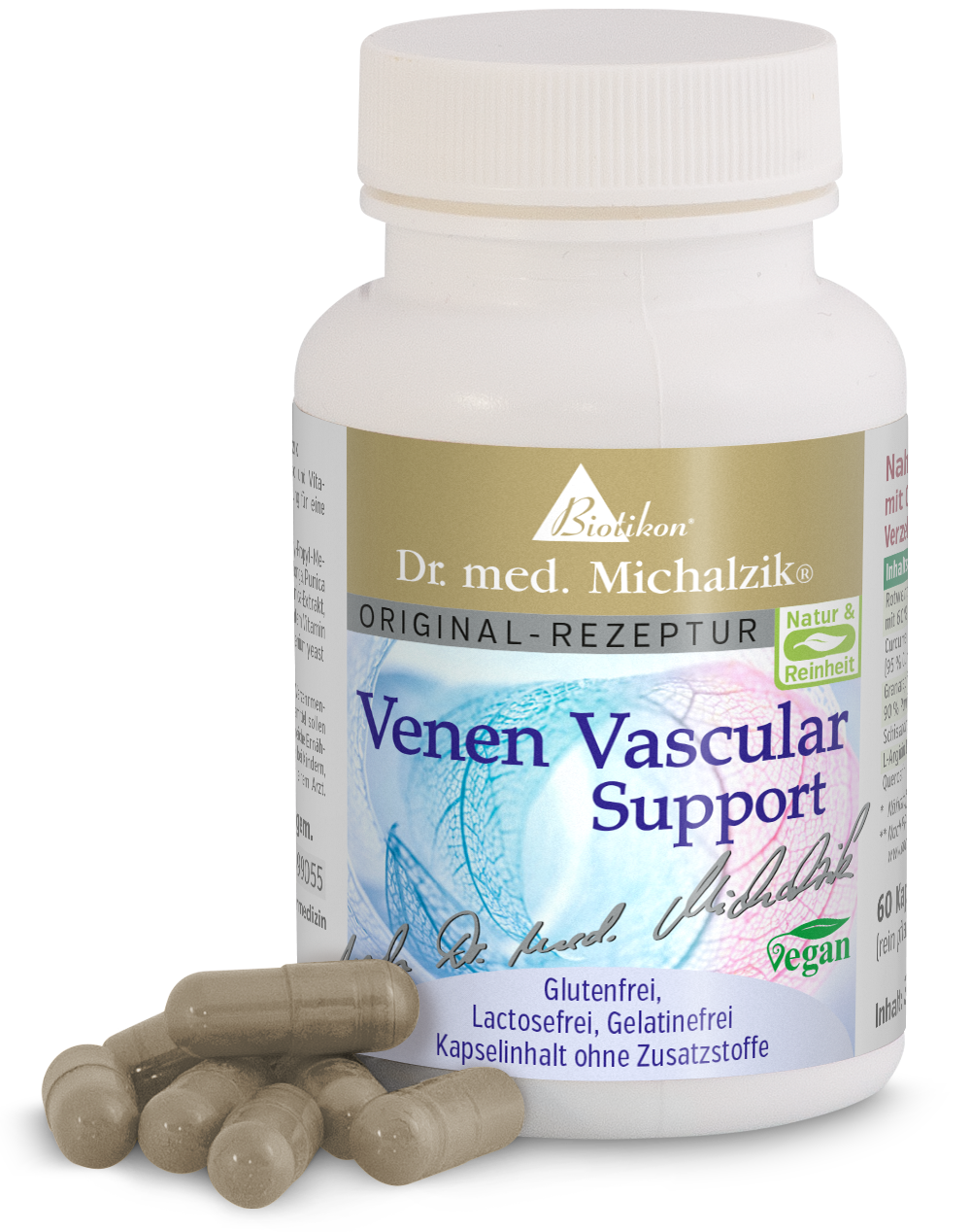 Venen Vascular Support in einer weißen Flasche mit 60 Kapseln, vegan, glutenfrei, Kapseln in beige.