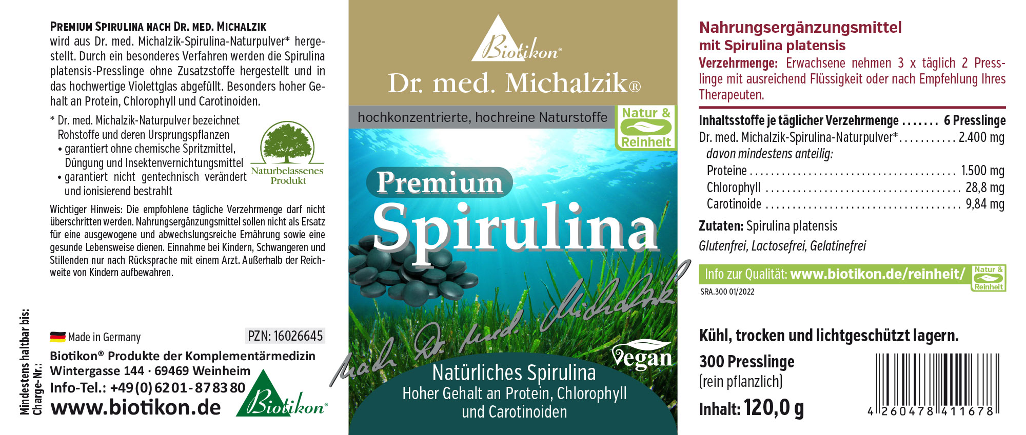 Nahrungsergänzungsmittel Spirulina, 300 Presslinge, 120 g, grüne Verpackung, aus pflanzlichen Inhaltsstoffen.