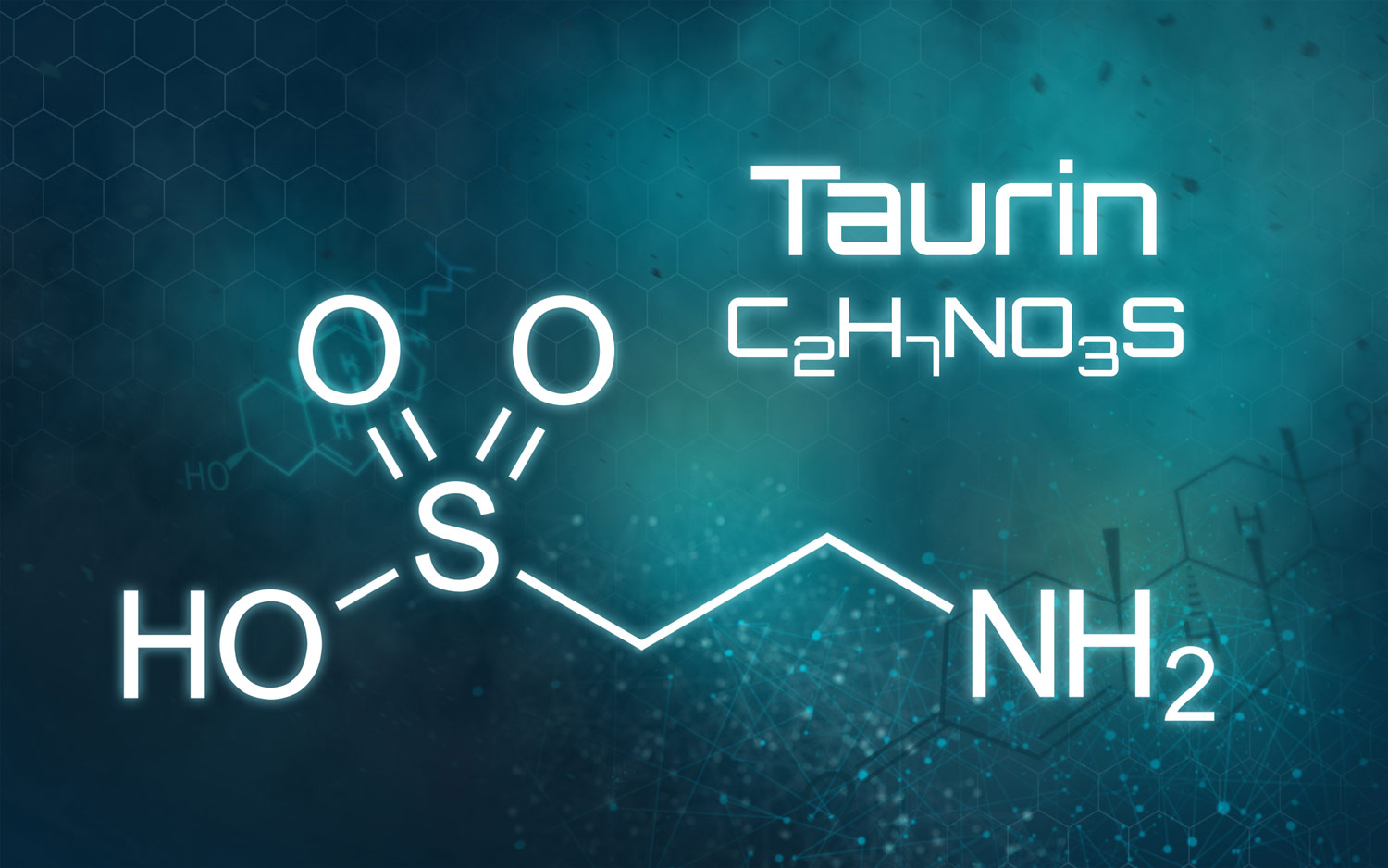 Visuelle Darstellung der chemischen Struktur von Taurin, mit chemischen Formeln und auf hellem Hintergrund.