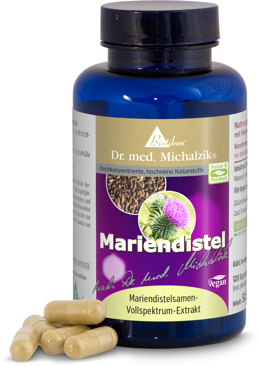 Blaue Flasche mit Mariendistelsamen-Vollspektrum-Extrakt, 120 vegane Kapseln, beige Kapseln im Vordergrund.