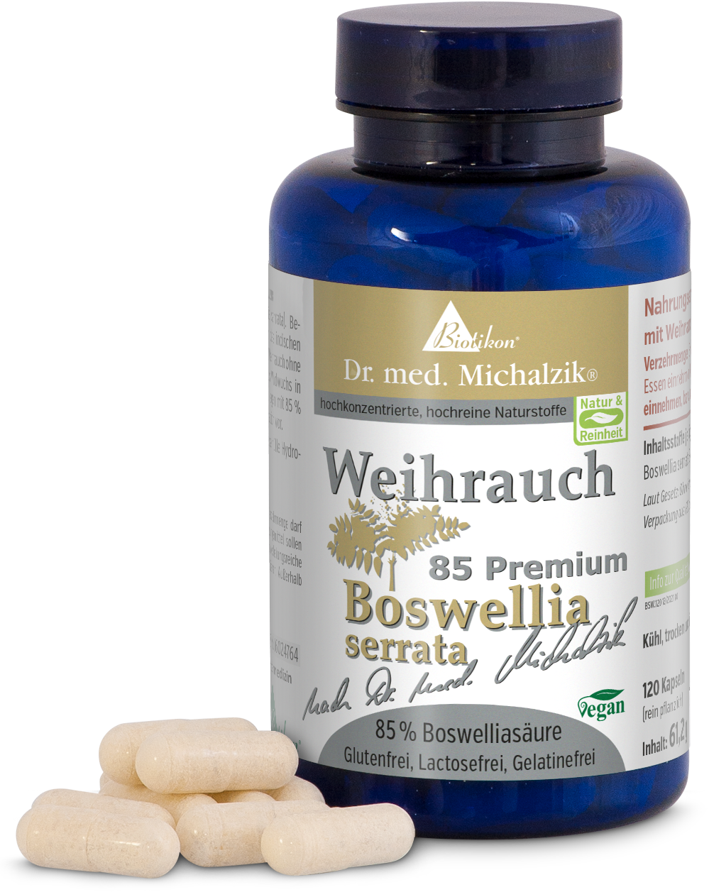 Flasche mit 120 Kapseln Weihrauch, Boswellia serrata, vegane, cremefarbene Kapseln, Vorderansicht