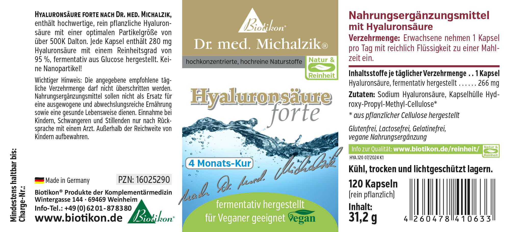 Hyaluronsäure Nahrungsergänzungsmittel, 120 pflanzliche Kapseln, Verpackung in Blau-Grün, von der Seite betrachtet.