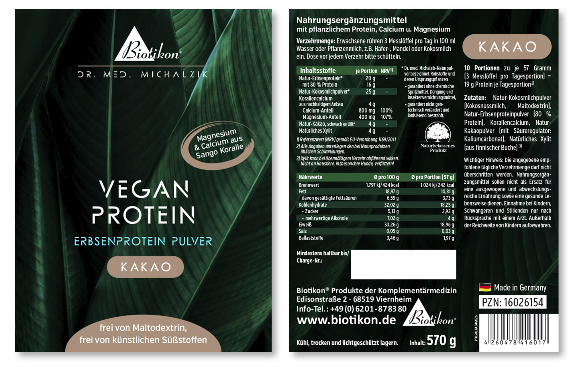 Pflanzenprotein-Pulver in einer 570 g Verpackung, braune Farbe, Produktdetails sichtbar, Seitansicht.