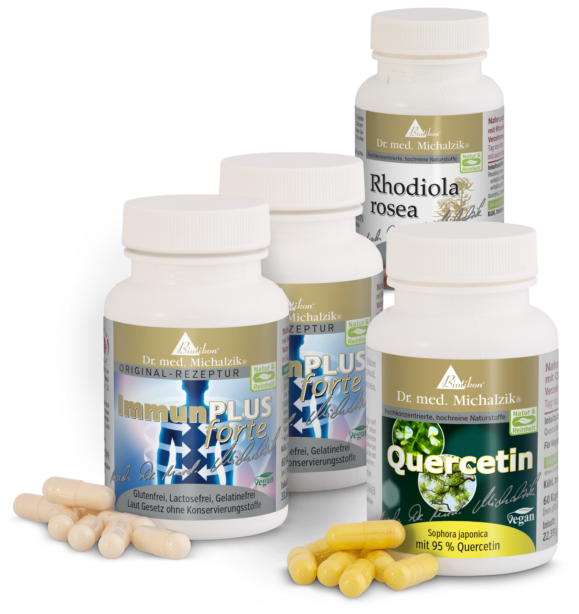 ImmunPLUS forte Kapseln in weißer Verpackung, 360 Stück, glutenfrei und gelatinefrei, zusammen mit Quercetin Kapseln.